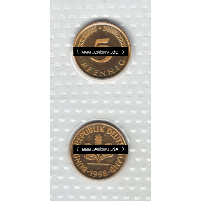 Münze der BRD-Deutschland 1998, Mzz. A für Berlin, 5 Pfennig RS+VS vertikal Farbe.Farbiges PNG-Bild der Deutschen Pfennig Münze vom Jahrgang 1998, aus... Sammlung