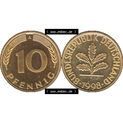 Münze der BRD-Deutschland 1998, Mzz. A für Berlin, 10 Pfennig Transparent RS+VS horizontal Farbe. Farbige und Transparentes PNG-Bild der Deutschen Mark - Pfennig-Münze... Sammlung