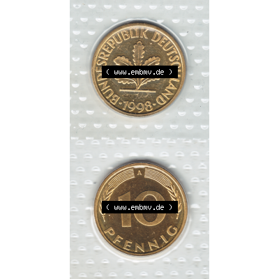 Münze der BRD-Deutschland 1998, Mzz. A für Berlin, 10 Pfennig VS+RS vertikal Farbe.Farbiges PNG-Bild der Deutschen Pfennig Münze vom Jahrgang 1998, aus... Sammlung