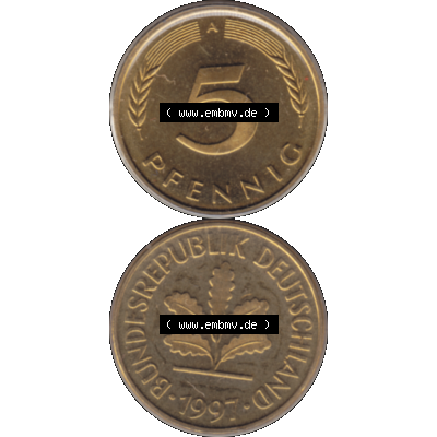 Münze der BRD-Deutschland 1997 Mzz. A für Berlin, 5 Deutscher Pfennig transparent RS+VS vertikal Farbe. Farbiges transparente PNG-Bild der Deutschen Pfennig Münze... Sammlung
