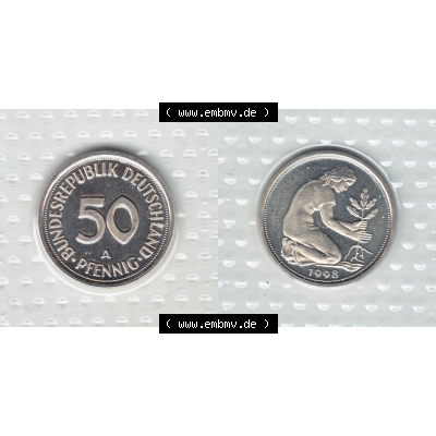 Münze der BRD-Deutschland 1998, Mzz. A für Berlin, 50 Pfennig RS+VS horizontal Farbe.Farbiges PNG-Bild der Deutschen Pfennig Münze vom Jahrgang 1998,... Sammlung