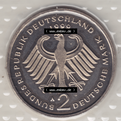 Münze der BRD-Deutschland 1999 Mzz. A für Berlin, Zwei 2 Deutsche Mark Ludwig Erhard aus KMS Vorderseite. Mark-Münze aus dem Jahrgang 1999 Deutschland der BRD-Bundesrepublik... Sammlung