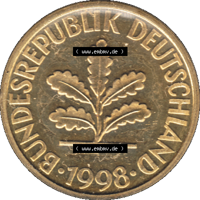 Münze der BRD-Deutschland 1998, Mzz. A für Berlin, 10 Pfennig Transparent Vorderseite. Farbige und Transparentes PNG-Bild der Deutschen Mark - Pfennig-Münze vom... Sammlung