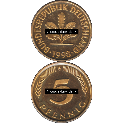 Münze der BRD-Deutschland 1998, Mzz. A für Berlin, Fünf 5 Pfennig Transparent VS+RS vertikal Farbe. Farbige und Transparentes PNG-Bild der Deutschen Mark -... Sammlung