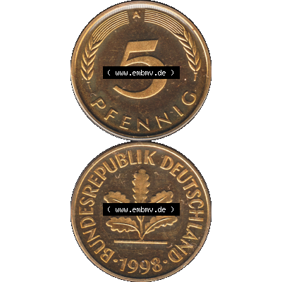 Münze der BRD-Deutschland 1998, Mzz. A für Berlin, Fünf 5 Pfennig Transparent RS+VS vertikal Farbe. Farbige und Transparentes PNG-Bild der Deutschen Mark -... Sammlung