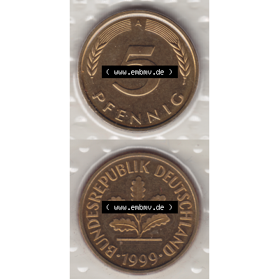 Münze der BRD-Deutschland 1999 Mzz. A für Berlin, Fünf 5 Pfennig aus KMS RS+VS vertikal Farbe. Farbiges PNG-Bild der Deutschen Pfennig Münze vom Jahrgang 1999.... Sammlung