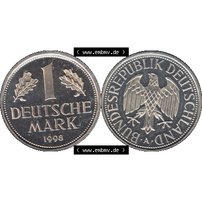 Münze der BRD-Deutschland 1998, Mzz. A für Berlin, Eine 1 DM Deutsche Mark Transparent RS+VS horizontal Farbe. Farbige und Transparentes PNG-Bild der Deutschen... Sammlung