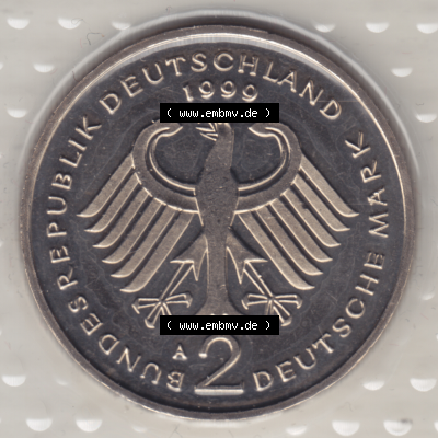 Münze der BRD-Deutschland 1999 Mzz. A für Berlin, Zwei 2 Deutsche Mark Franz Josef Strauß aus KMS Vorderseite. Mark-Münze aus dem Jahrgang 1999 Deutschland der... Sammlung