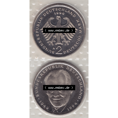 Münze der BRD-Deutschland 1999 Mzz. A für Berlin, Zwei 2 Deutsche Mark Willy Brandt aus KMS VS+RS vertikal Farbe. Mark-Münze aus dem Jahrgang 1999 Deutschland der... Sammlung