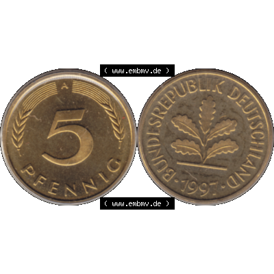 Münze der BRD-Deutschland 1997 Mzz. A für Berlin, 5 Deutscher Pfennig transparent RS+VS horizontal Farbe. Farbiges transparente PNG-Bild der Deutschen Pfennig Münze... Sammlung