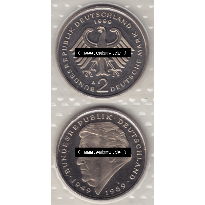 Münze der BRD-Deutschland 1999 Mzz. A für Berlin, Zwei 2 Deutsche Mark Franz Josef Strauß aus KMS VS+RS vertikal Farbe. Mark-Münze aus dem Jahrgang 1999 Deutschland... Sammlung