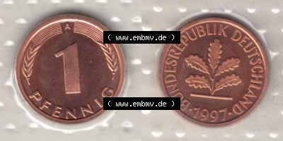 BRD-Deutschland 1997, 1 Deutscher Pfennig, RS+VS horizontal Farbe, Münzzeichen A für Münzstätte in Berlin Sammlung