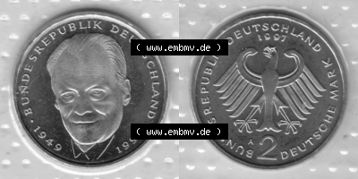 BRD-Deutschland 1997, 2 Deutsche Mark Gedenkmünze Willy Brandt, RS+VS horizontal Graustufen, Münzzeichen A für Münzstätte... Sammlung