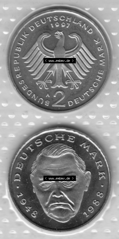 BRD-Deutschland 1997, 2 Deutsche Mark Gedenkmünze Ludwig Erhard, VS+RS vertikal Graustufen, Münzzeichen A für Münzstätte... Sammlung