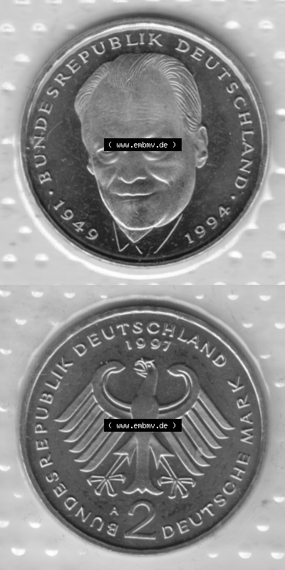 BRD-Deutschland 1997, 2 Deutsche Mark Gedenkmünze Willy Brandt, RS+VS vertikal Graustufen, Münzzeichen A für Münzstätte in... Sammlung