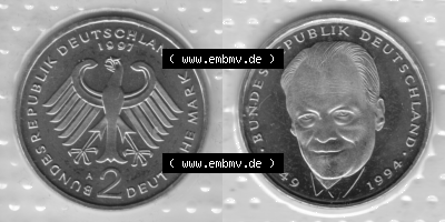 BRD-Deutschland 1997, 2 Deutsche Mark Gedenkmünze Willy Brandt, VS+RS horizontal Graustufen, Münzzeichen A für Münzstätte... Sammlung