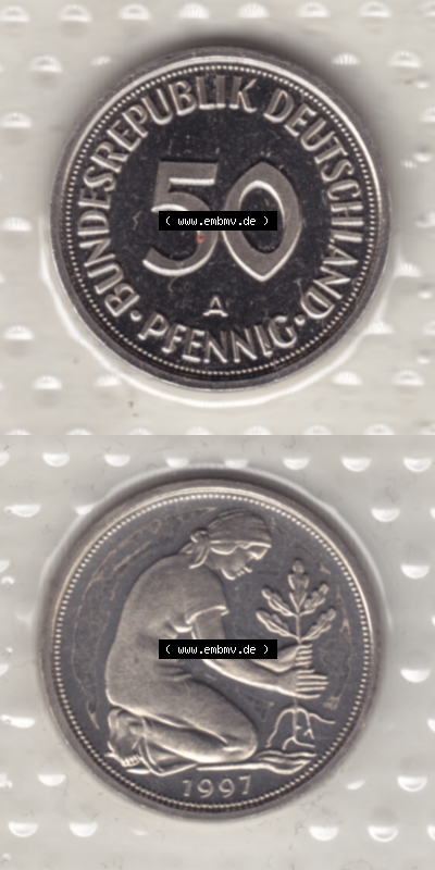 BRD-Deutschland 1997, 50 Deutsche Pfennige, RS+VS vertikal Farbe, Münzzeichen A für Münzstätte in Berlin Sammlung