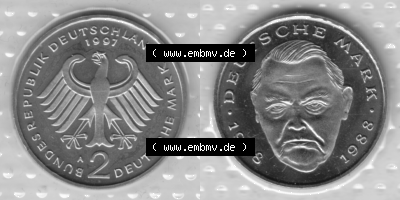 BRD-Deutschland 1997, 2 Deutsche Mark Gedenkmünze Ludwig Erhard, VS+RS horizontal Graustufen, Münzzeichen A für Münzstätte... Sammlung