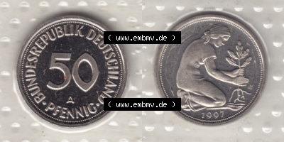 BRD-Deutschland 1997, 50 Deutsche Pfennige, RS+VS horizontal Farbe, Münzzeichen A für Münzstätte in Berlin Sammlung