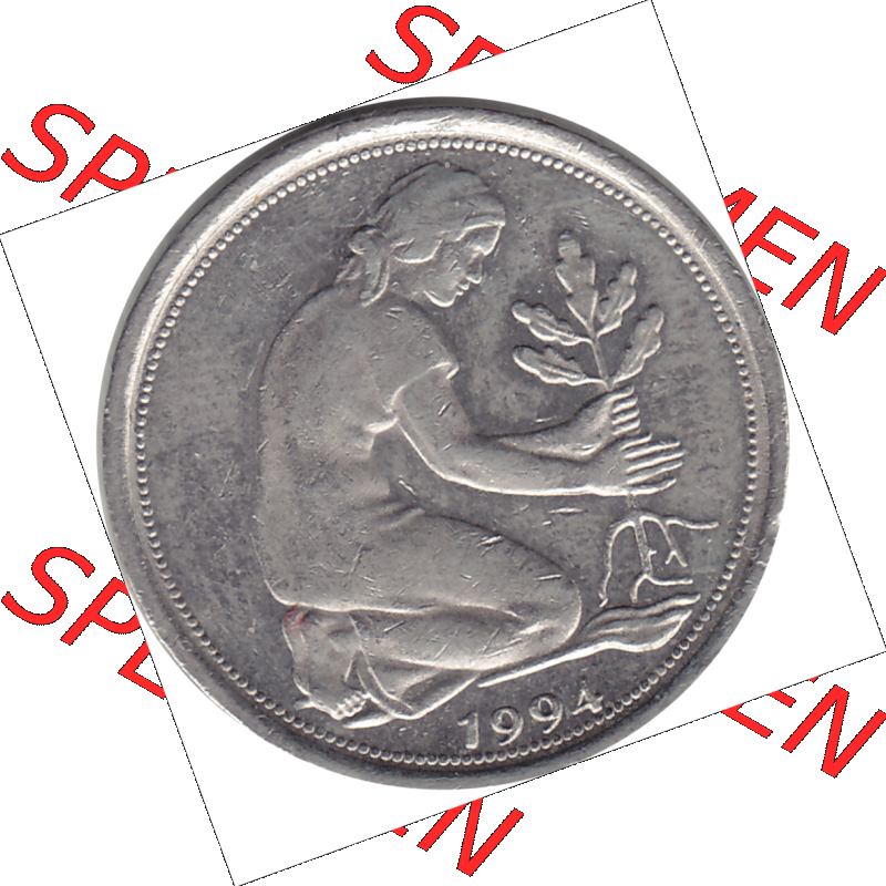 BRD Münze Deutschland Original Bild in PNG 1950-2001, Fünfzig 50 Pfennig 1994 F VS ausgeschnitten Farbe (1) - Das farbiges Digital Bild / Foto der 50 Pfennig Münze der... Sammlung