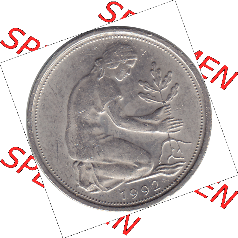 BRD Münze Deutschland Original Bild in PNG 1990-2001, Fünfzig 50 Pfennig 1992 A VS ausgeschnitten Farbe (1) - Das farbiges Digital Bild / Foto der 50 Pfennig Münze der... Sammlung