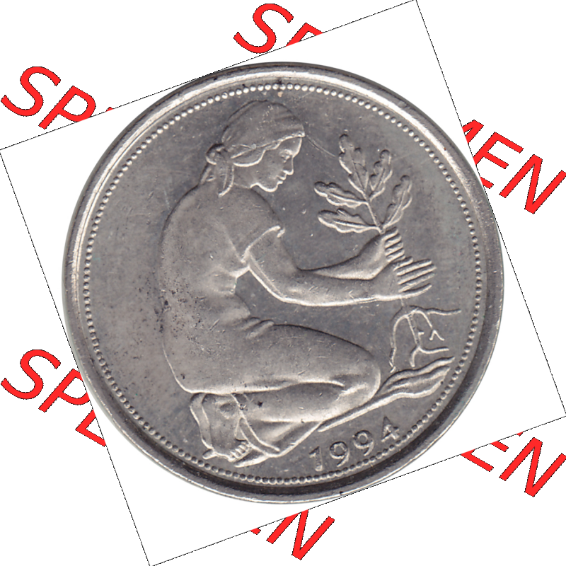 BRD Münze Deutschland Original Bild in PNG 1950-2001, Fünfzig 50 Pfennig 1994 J VS ausgeschnitten Farbe (1) - Das farbiges Digital Bild / Foto der 50 Pfennig Münze der... Sammlung