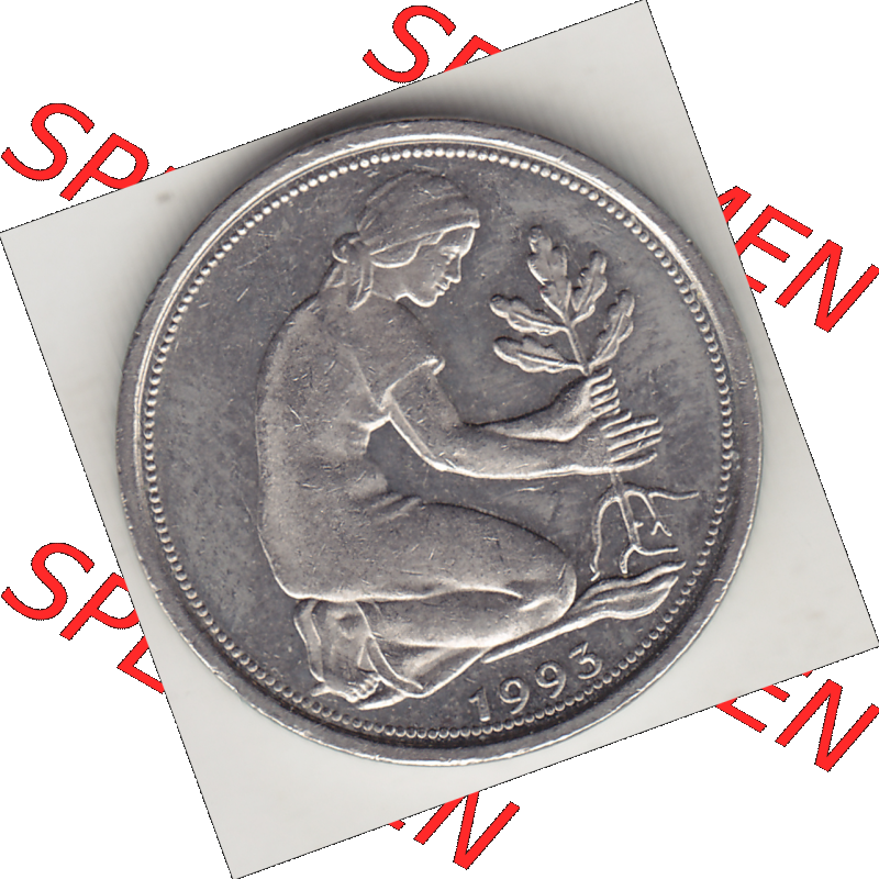BRD Münze Deutschland Original Bild in PNG 1950-2001, Fünfzig 50 Pfennig 1993 J Original Vorderseite Farbe (1) - Das farbiges Digital Bild / Foto der 50 Pfennig Münze... Sammlung
