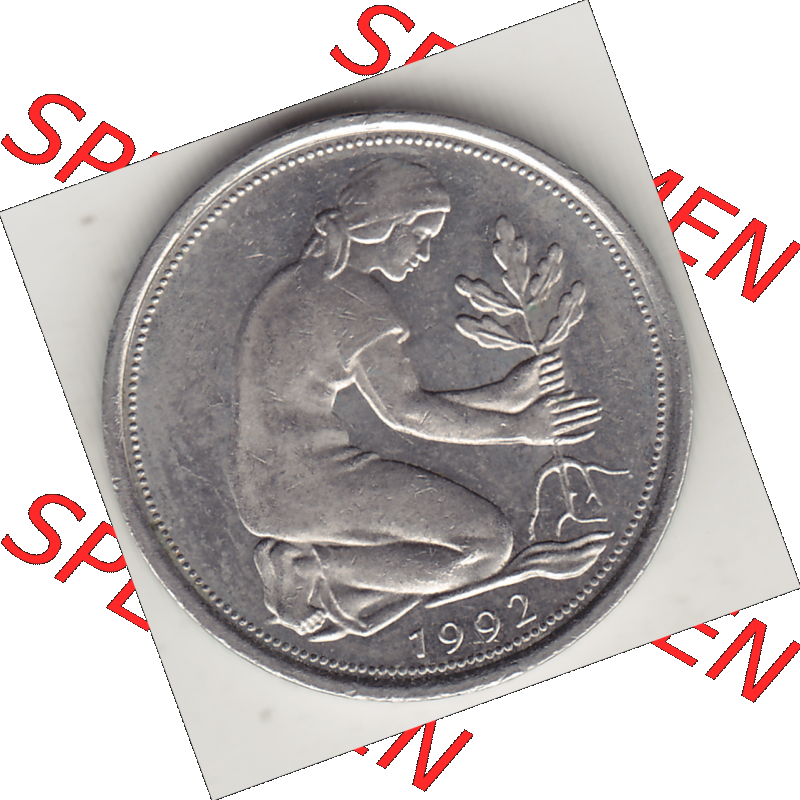 BRD Münze Deutschland Original Bild in PNG 1950-2001, Fünfzig 50 Pfennig 1992 J Original Vorderseite Farbe (1) - Das farbiges Digital Bild / Foto der 50 Pfennig Münze... Sammlung