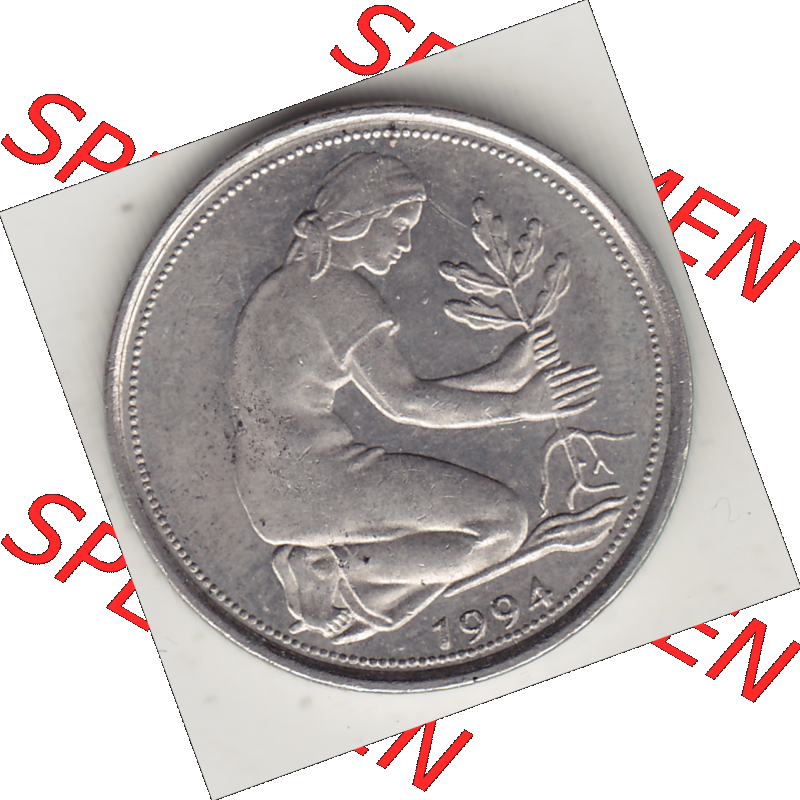 BRD Münze Deutschland Original Bild in PNG 1950-2001, Fünfzig 50 Pfennig 1994 J Original Vorderseite Farbe (1) - Das farbiges Digital Bild / Foto der 50 Pfennig Münze... Sammlung