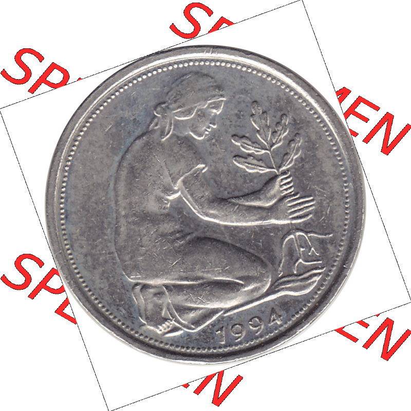 BRD Münze Deutschland Original Bild in PNG 1990-2001, Fünfzig 50 Pfennig 1994 A VS ausgeschnitten Farbe (1) - Das farbiges Digital Bild / Foto der 50 Pfennig Münze der... Sammlung