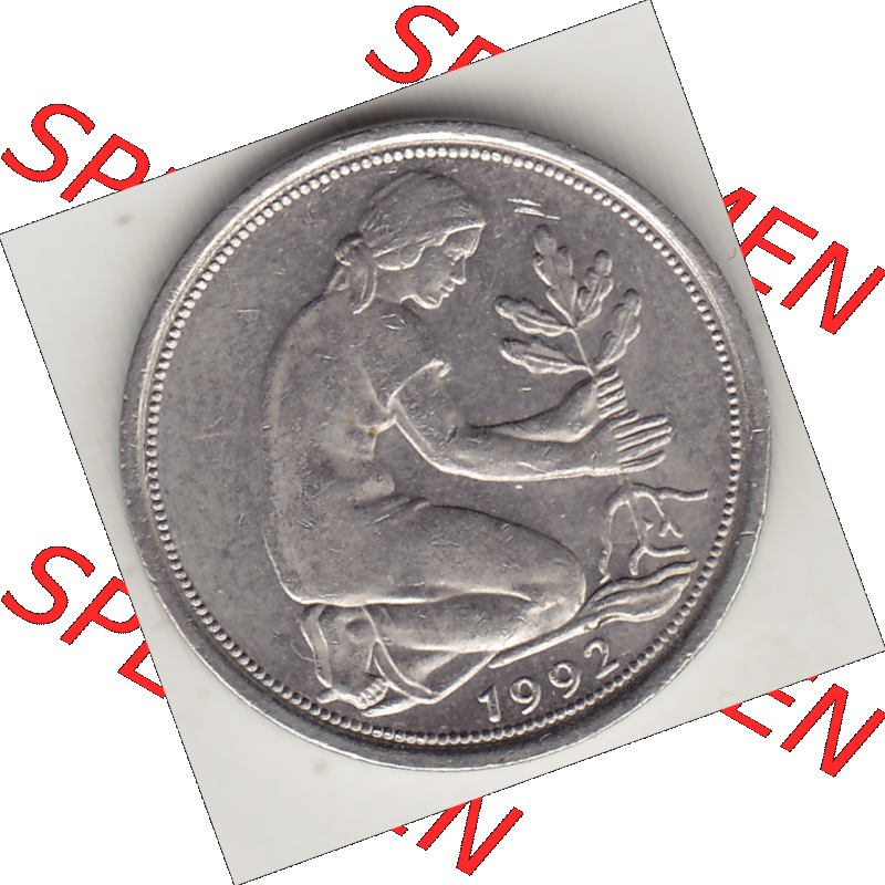BRD Münze Deutschland Original Bild in PNG 1950-2001, Fünfzig 50 Pfennig 1992 F Original Vorderseite Farbe (1) - Das farbiges Digital Bild / Foto der 50 Pfennig Münze... Sammlung