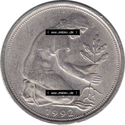 BRD Münze Deutschland Original Bild in PNG 1990-2001, Fünfzig 50 Pfennig 1992 A VS ausgeschnitten Farbe (1) - Das farbiges Digital Bild / Foto der 50 Pfennig Münze der... Sammlung