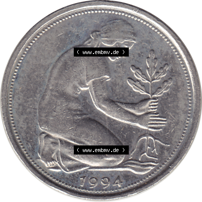 BRD Münze Deutschland Original Bild in PNG 1990-2001, Fünfzig 50 Pfennig 1994 A VS ausgeschnitten Farbe (1) - Das farbiges Digital Bild / Foto der 50 Pfennig Münze der... Sammlung