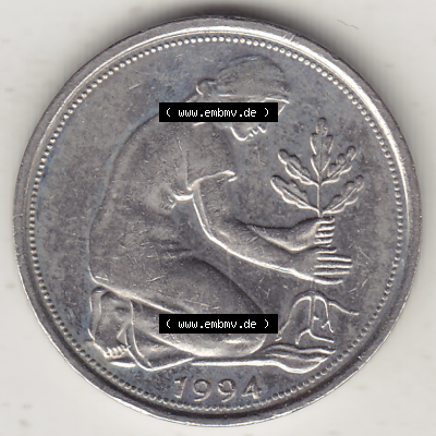 BRD Münze Deutschland Original Bild in PNG 1990-2001, Fünfzig 50 Pfennig 1994 A Original Vorderseite Farbe (1) - Das farbiges Digital Bild / Foto der 50 Pfennig Münze... Sammlung