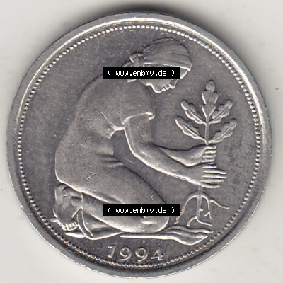 BRD Münze Deutschland Original Bild in PNG 1950-2001, Fünfzig 50 Pfennig 1994 G Original Vorderseite Farbe (1) - Das farbiges Digital Bild / Foto der 50 Pfennig Münze... Sammlung