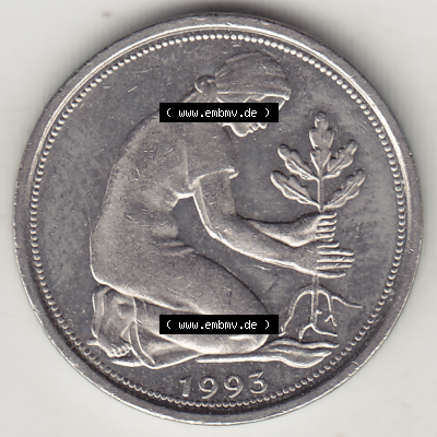 BRD Münze Deutschland Original Bild in PNG 1950-2001, Fünfzig 50 Pfennig 1993 J Original Vorderseite Farbe (1) - Das farbiges Digital Bild / Foto der 50 Pfennig Münze... Sammlung