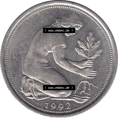 BRD Münze Deutschland Original Bild in PNG 1950-2001, Fünfzig 50 Pfennig 1992 J VS ausgeschnitten Farbe (1) - Das farbiges Digital Bild / Foto der 50 Pfennig Münze der... Sammlung