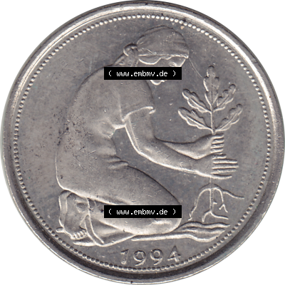 BRD Münze Deutschland Original Bild in PNG 1950-2001, Fünfzig 50 Pfennig 1994 J VS ausgeschnitten Farbe (1) - Das farbiges Digital Bild / Foto der 50 Pfennig Münze der... Sammlung