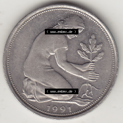 BRD Münze Deutschland Original Bild in PNG 1990-2001, Fünfzig 50 Pfennig 1991 A Original Vorderseite Farbe (1) - Das farbiges Digital Bild / Foto der 50 Pfennig Münze... Sammlung