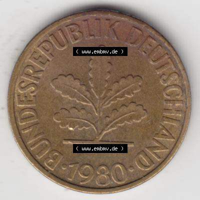 BRD Münze Deutschland Original Bild in PNG 1950-2001, Zehn 10 Pfennig 1980 F-01 Original Vorderseite Farbe (1) Sammlung