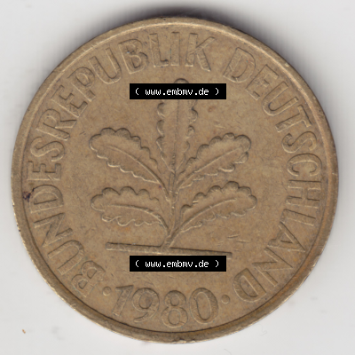 BRD Münze Deutschland Original Bild in PNG 1950-2001, Zehn 10 Pfennig 1980 J-01 Original Vorderseite Farbe (1) Sammlung