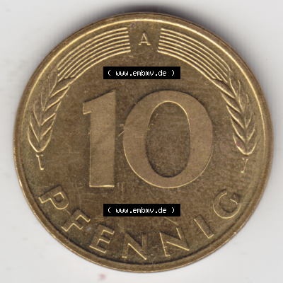 BRD Münze Deutschland Original Bild in PNG 1990-2001, Zehn 10 Pfennig 1995 A-01 Original Rückseite Farbe (1) Sammlung