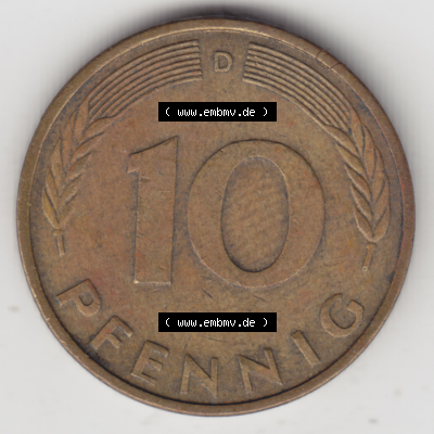 BRD Münze Deutschland Original Bild in PNG 1950-2001, Zehn 10 Pfennig 1988 D-10 Original Rückseite Farbe (1) Sammlung