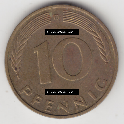 BRD Münze Deutschland Original Bild in PNG 1950-2001, Zehn 10 Pfennig 1991 D-02 Original Rückseite Farbe (1) Sammlung