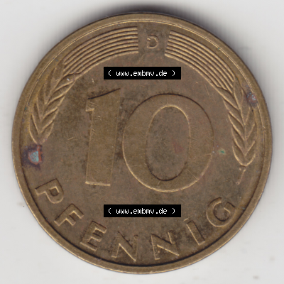 BRD Münze Deutschland Original Bild in PNG 1950-2001, Zehn 10 Pfennig 1995 D-12 Original Rückseite Farbe (1) Sammlung