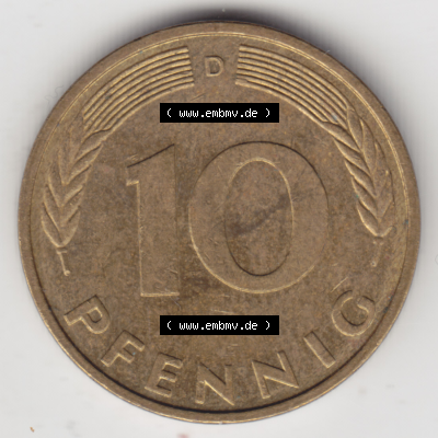 BRD Münze Deutschland Original Bild in PNG 1950-2001, Zehn 10 Pfennig 1995 D-01 Original Rückseite Farbe (1) Sammlung