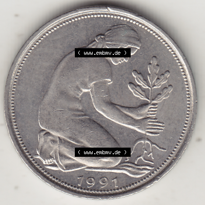 BRD Münze Deutschland Original Bild in PNG 1950-2001, Fünfzig 50 Pfennig 1991 F Original Vorderseite Farbe (1) - Das farbiges... Sammlung