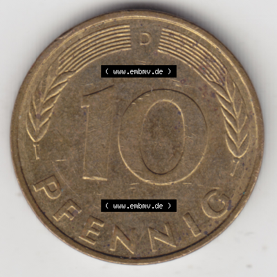 BRD Münze Deutschland Original Bild in PNG 1950-2001, Zehn 10 Pfennig 1991 D-10 Original Rückseite Farbe (1) Sammlung