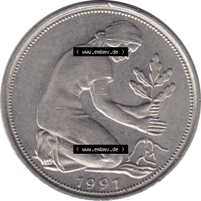 BRD Münze Deutschland Original Bild in PNG 1950-2001, Fünfzig 50 Pfennig 1991 F VS ausgeschnitten Farbe (1) - Das farbiges Digital... Sammlung