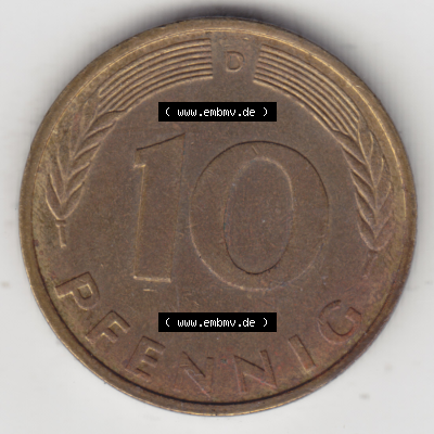 BRD Münze Deutschland Original Bild in PNG 1950-2001, Zehn 10 Pfennig 1994 D-01 Original Rückseite Farbe (1) Sammlung